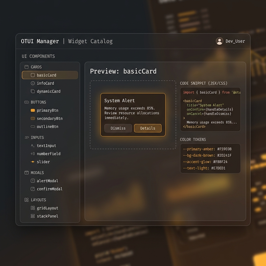 Preview do OTUI Manager — painel de componentes UI com busca e preview