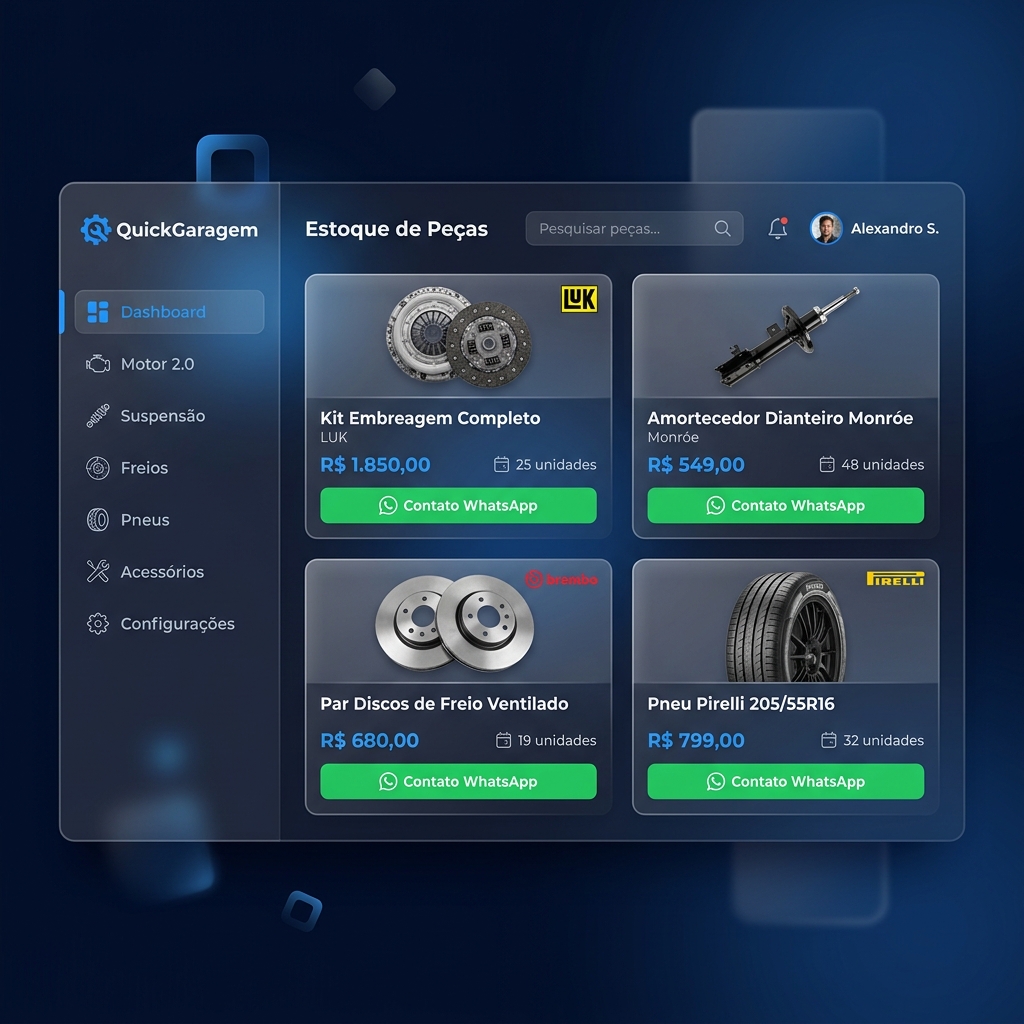 Preview da plataforma QuickGaragem — vitrine de peças com botão WhatsApp